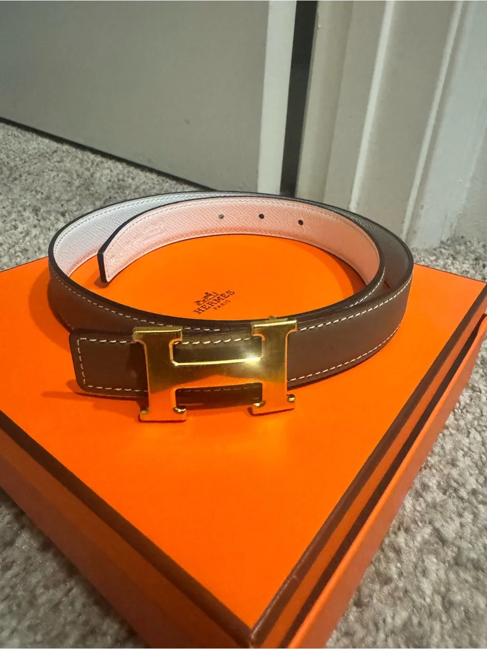 Hermès Mini Constance H belt buckle & Reversible leather strap 24 mm Taupe/blanc